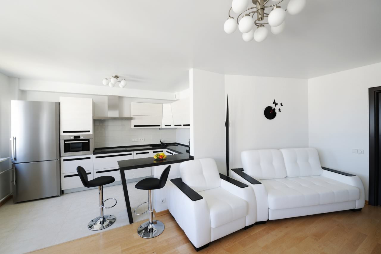 točilni pult v zasnovi črno-bele kuhinje-dnevne sobe