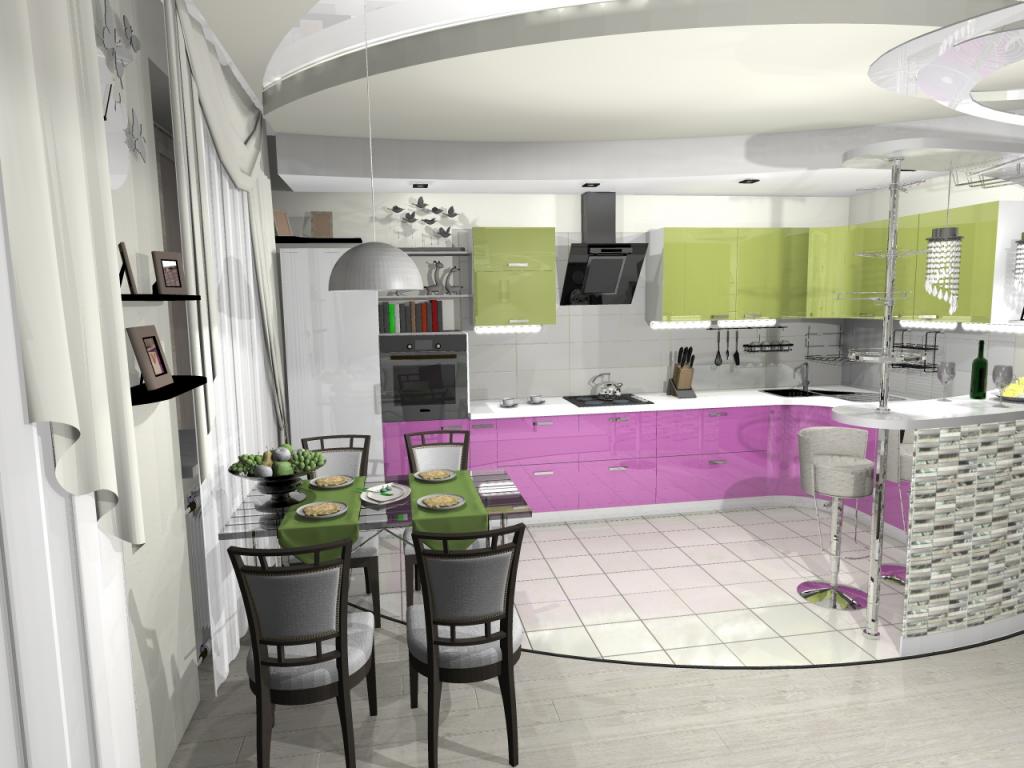 zelena in lila kuhinja-dnevna soba
