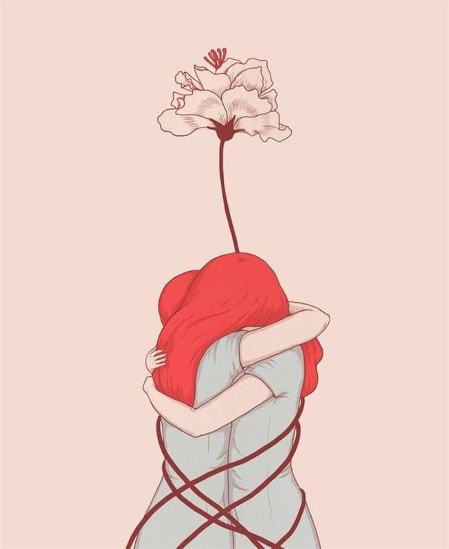 kendini seven, kendine sarılan özgün çizim kız ve etrafında gökyüzüne doğru süzülen bir çiçek, kızıl saçlı
