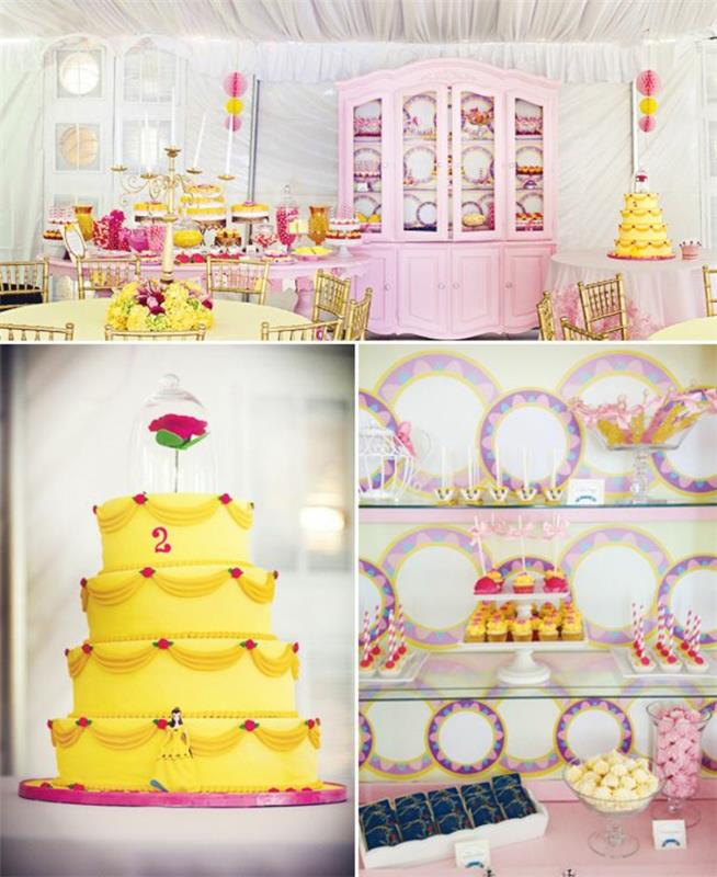 lepota-in-zver-disney-kako-Belle-rojstni dan-dekoracija-rumeno-in-roza-dekoracija
