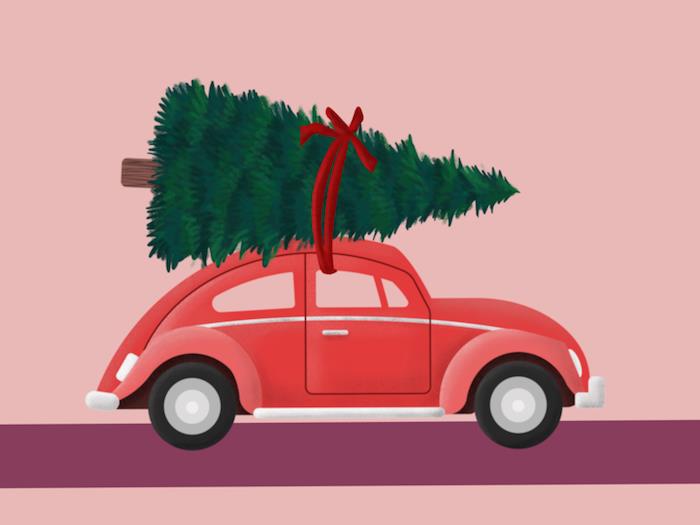 Çatıda noel ağacı olan kırmızı araba, noel baba kızağı çizimi, disney noel boyama sayfaları basitleştirilmiş