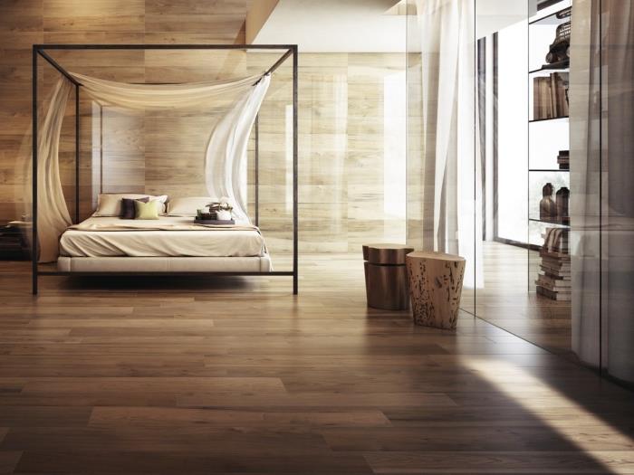 miegamasis su pakabinamomis lubomis, laminuotos medinės grindys, kambario idėja su medinėmis sienomis