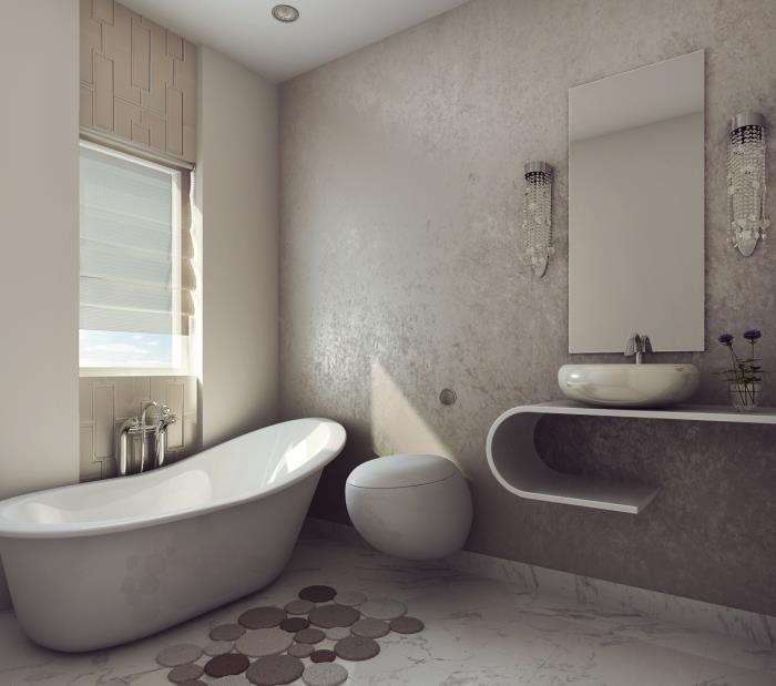betonska stenska obloga za kopalnico, model stenskih svetilk iz kovine in kristalov, funkcionalno in sodobno pohištvo za kopalnico