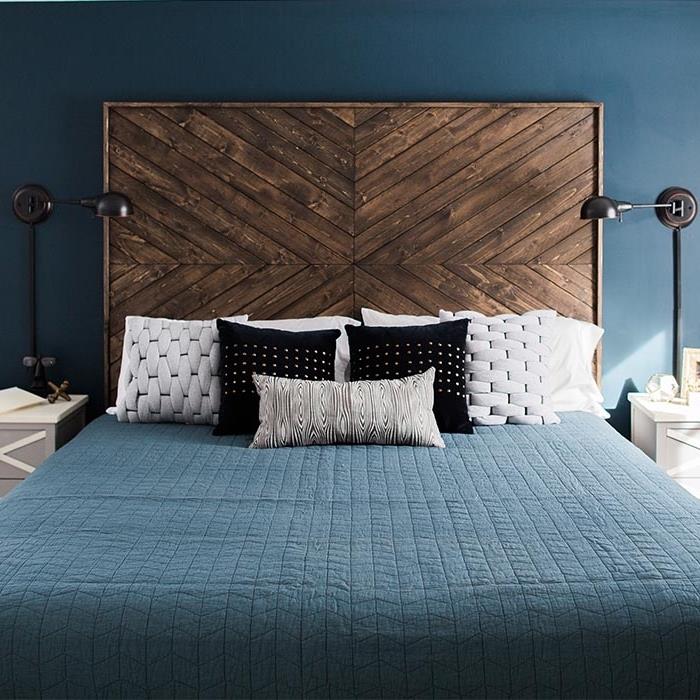 el yapımı ham ahşap başlık modeli, modern bir yatak odası için ne boya, lacivert duvarlı yatak odası dekorasyonu