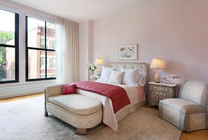 yetişkin yatak odası renk fikri, modern tarz iç tasarım, toz pembe boya, şık bir misafir odası nasıl döşeneceğine dair örnek