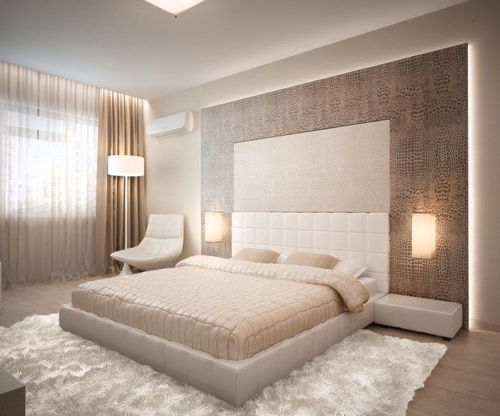 bej perdeler ve hafif ahşap parke üzerinde yumuşak beyaz halı ile lüks ve modern tasarımlı yetişkin yatak odası için ne renk
