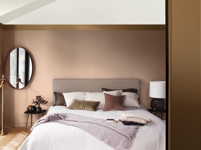 glavna dekoracija spalnice v nevtralnih barvah, temno rjavih barvah za sodobne notranje stene, dvobarvni beli in kakao barvi