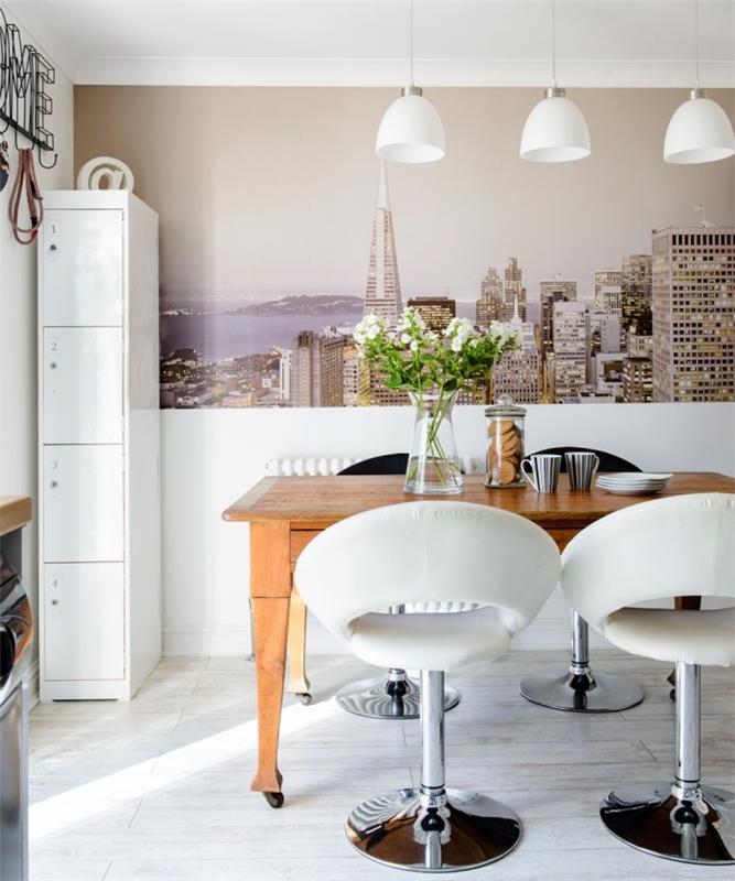 hazır mutfakta çağdaş iç tasarım, panoramik duvar kağıdı ile duvar dekorasyonu