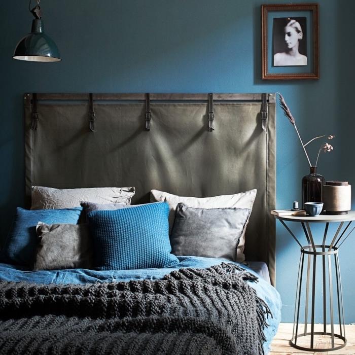 modern bir yatak odası için ne boya, kumaştan bir başlık yapma fikri, gri ve mavi yatak odası dekoru