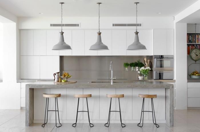 adalı beyaz lake mutfak fikri, ham beton tasarım adası ile çağdaş tarz dekor, gri asma lamba modeli