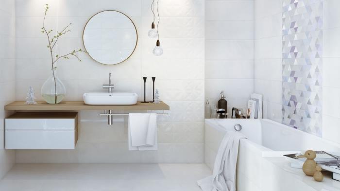 modern banyo mobilyaları, küvetli banyo mobilyaları, grafik karolarla duvar dekorasyonu