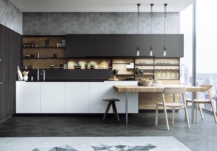 siva in lesena notranja zasnova kuhinje z belim stropom, postavitev kuhinje s črnimi visokimi omarami in belimi nizkimi omarami brez ročajev