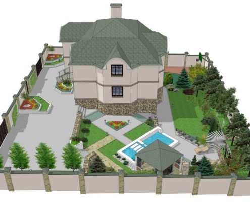 Vista do projeto de uma casa de veraneio em imagem 3D