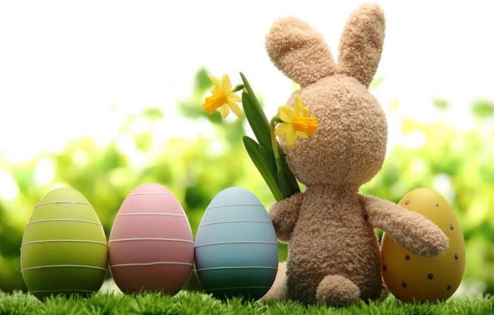 peluş bir tavşan ve pastel tonlarda renkli plastik yumurtalar ile paskalya partisi için şirin dekorasyon