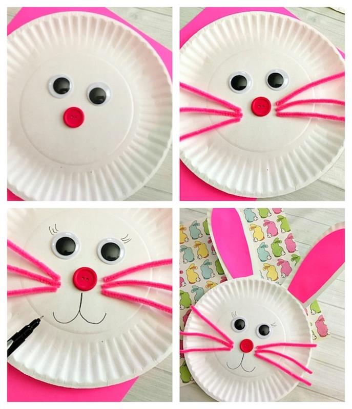 beli zajec v plastični papirnati plošči z rožnatimi brki za čiščenje cevi, krhkimi očmi, nosom rdečega gumba in narisanim gobcem