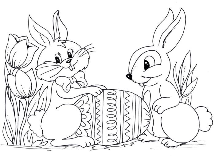 lengvas zuikio dažymo pavyzdys su gėlėmis ir gyvūnais, iliustracinis žaidimas ir Velykų zuikio bei voverės draugystė