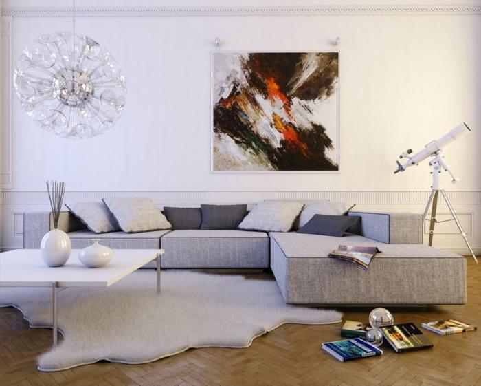 abstraktus menas, baltos sienos, pilka kampinė sofa, pilkos miegamojo sienos, medinės grindys, baltas kavos staliukas