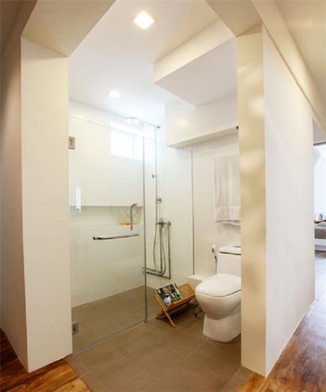 prostorna dvojna odprta kopalnica z debelimi belimi stenami, ki vsebuje veliko stekleno tuš kabino, sodobno ovalno straniščno školjko, rjavo preprogo in lesena tla