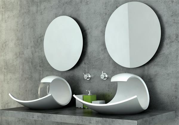 kriauklė neįprastos formos ir dizaino su dviem apvaliais veidrodžiais