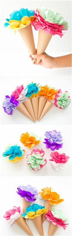 Un'idea per dei lavoretti creativi con dei coni di carta e fiorellini colorati