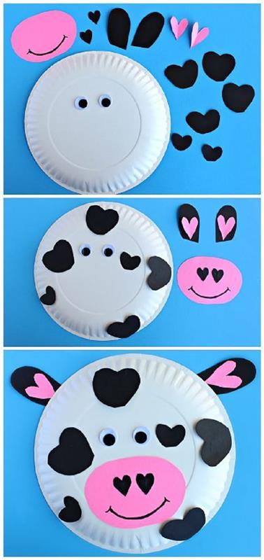Lavoretti creativi başına bambini e un'idea con piatto di carta decorato come mucca