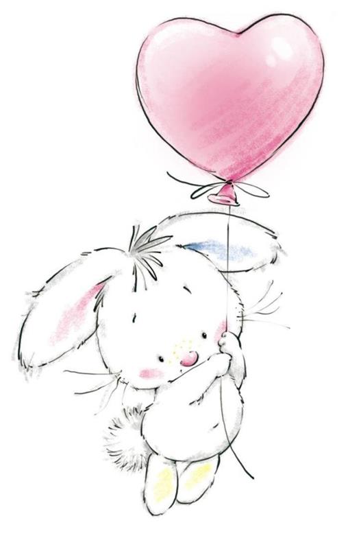 Simpatičen zajček s srčnim balonom v roki, veselo podobo humorja, risanje rojstnodnevne torte