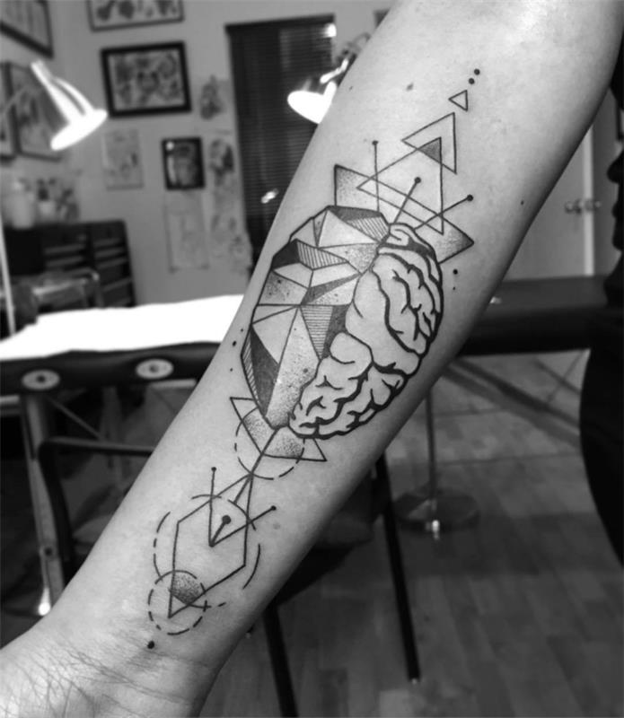 Grafična in geometrijska slika tetovaže možganov, tetovaže rok prijateljev, tetovaže z velikim pomenom