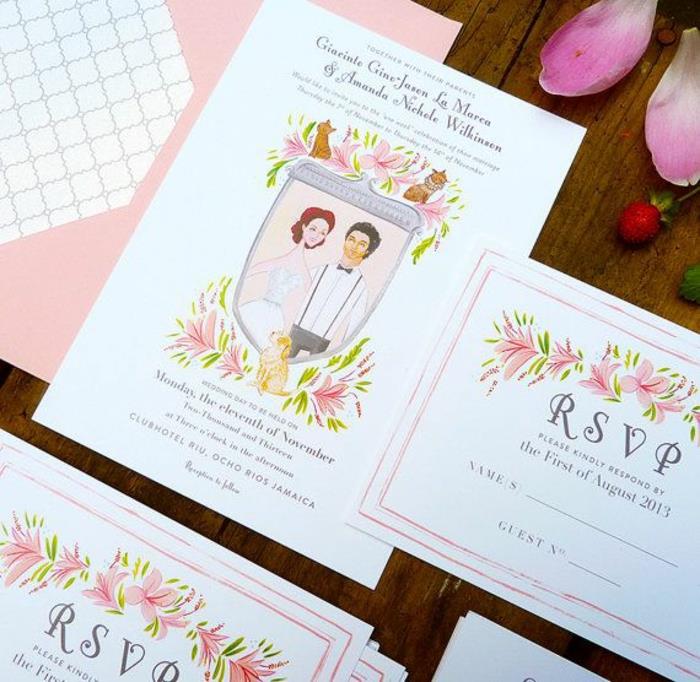 Vestuvių kvietimo vaizdas susituokusios poros piešinys rsvp