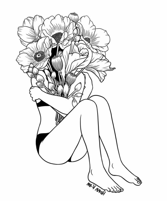 Basit siyah beyaz çiçekler çizmek için siyah beyaz çizim sanat eseri kadın