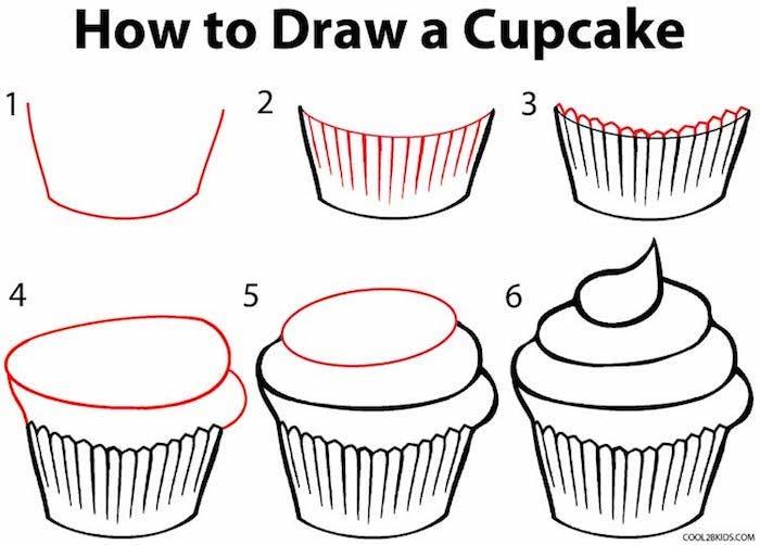 Šest korakov cupcake, kul ideja za risanje piškotov za ponovno risanje, naučite se risati za lutke, lepa risba