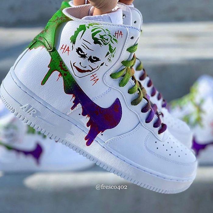 Nike slika čevlje Jocker, čevlje Nike prilagodite s pisano zeleno in vijolično barvo, košarko po meri