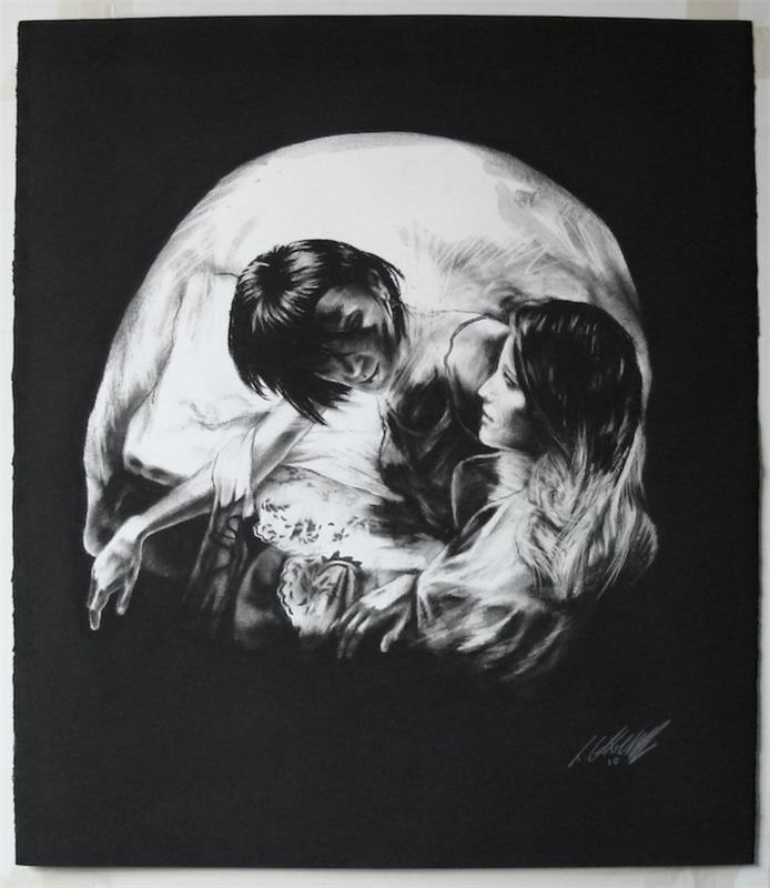 Üzgün ​​siyah beyaz çizim, ölü bir kafatası oluşturan iki kadının çift pozlama çizimi, duygu ifadesi