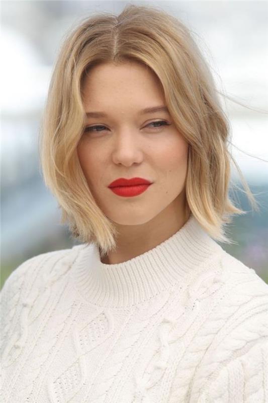 Léa Seydoux, trumpos pasvirusios bobos idėja, blondinė su spynomis abiejose veido pusėse, klasikinės šukuosenos idėja