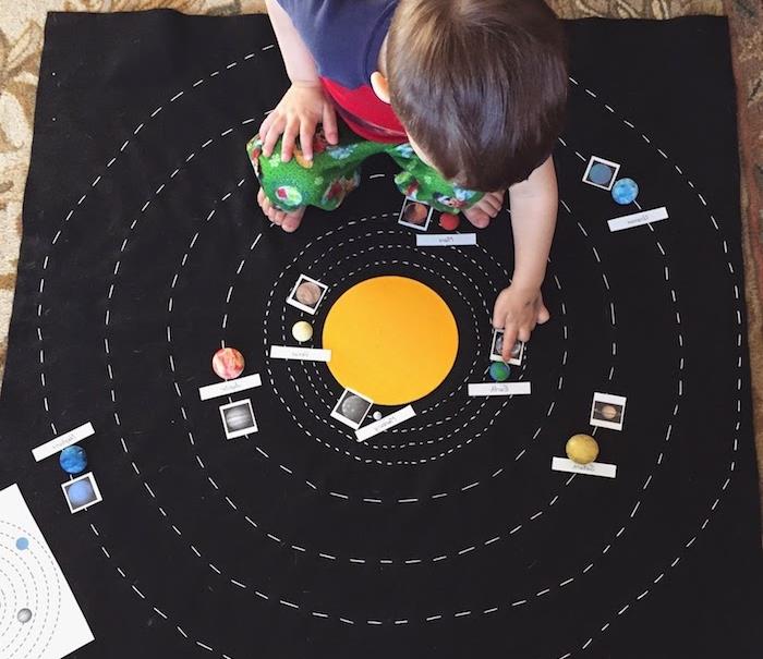 montessori malzemesi etrafında saklanacak gezegenlerin olduğu siyah bir kumaş panel, minyatür güneş sistemi modeli, çocuklar için eğlenceli aktivite