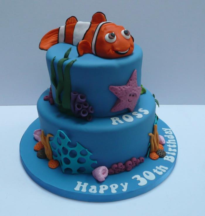Nemo nuotykiai mėlynas pyragas, jūros būtybių figūrėlės, gimtadienio linkėjimai