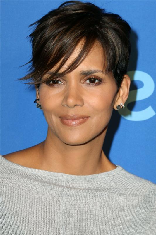 pikselis su iššukuotais kirpčiukais, pilkas megztinis, trumpas kirpimas 50 metų moteris, Halle Berry su trumpu kirpimu