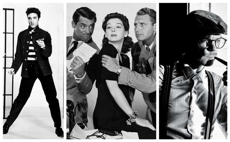 Elvis, Cary Grant, James Dean, kinematografske ikone iz petdesetih let, ikonični črno -beli fotografski kolaž