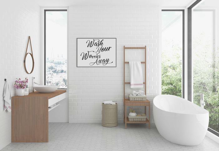 Sade banyo karosu dekoru, beyaz ve ahşaptan modern İskandinav iç duvar dekoru