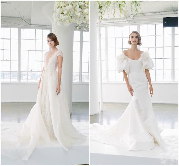 kokios gražiausios šių metų vestuvinės suknelės, ilgos baltos suknelės, ilgos baltos nėrinių suknelės modelis su asimetrine iškirpte ir balta vestuvinė suknelė pūstomis rankovėmis