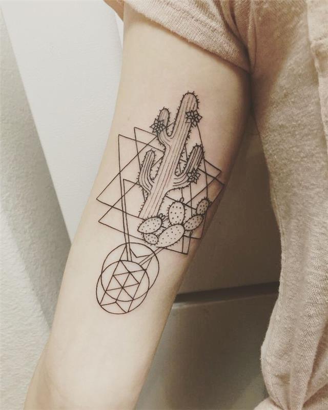 abstraktna tetovaža s poenostavljenim dizajnom, ki prikazuje prepletene trikotnike in kaktus