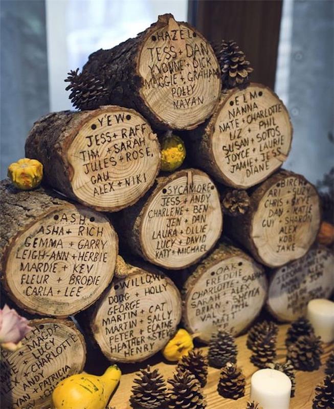 medinių rąstų idėja su svečių vardais, išgraviruotais ant bagažinės, rudeninė pušies kankorėžių ir mažų cukinijų puošmena