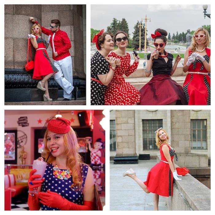 Stil 1950 -ih, rdeče obleke in pikčaste obleke, čevlji iz 1950 -ih, kako obleči slog 1950 -ih