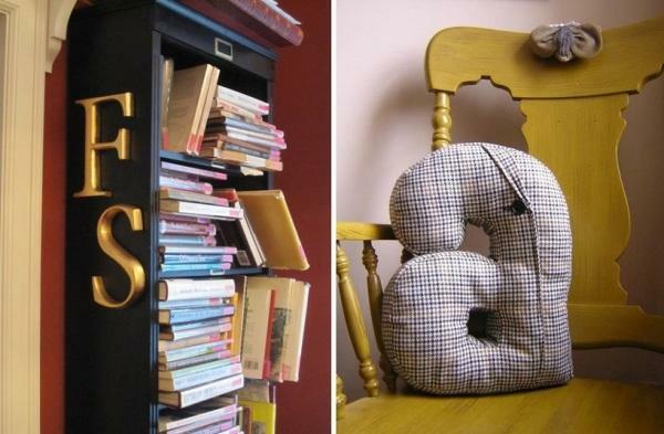 dekoratyvinės raidės-dekoratyvinės pagalvėlės ir raidės ant knygų spintos