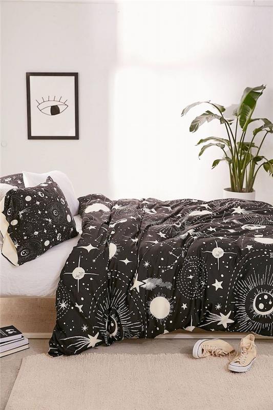 Najstniška posteljna linija z astronomijo, vzorcem lune in zvezd, črno -belim dekorjem spalnice, črno -belim slikanjem oči velik črni okvir