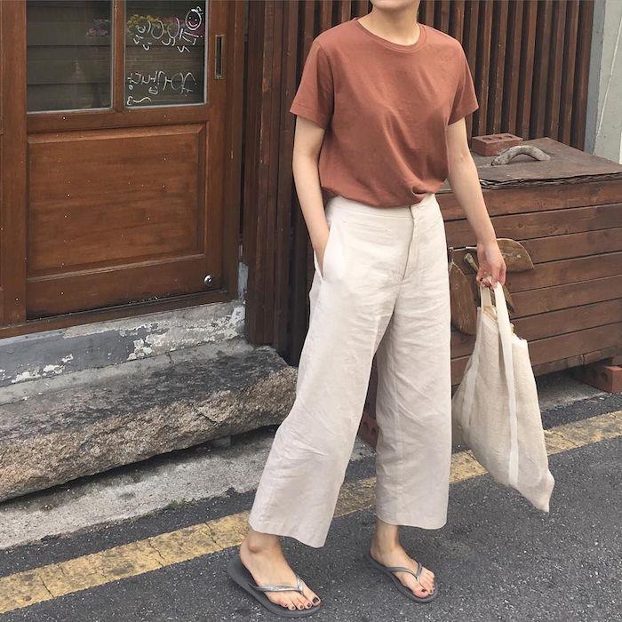 Kadınlar için keten chino pantolon, iyi giyimli bir kadın nasıl olunur, 2019 yaz-sonbahar için t-shirt ve pantolon