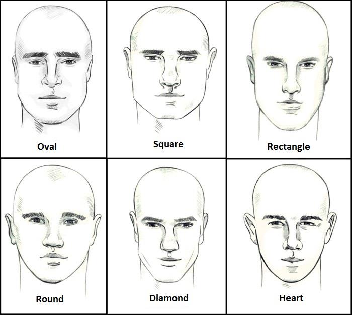 saçsız ve farklı şekillerde, oval ve kare, dikdörtgen ve yuvarlak, elmas ve kalp ile erkek yüzlerinin altı illüstrasyonu