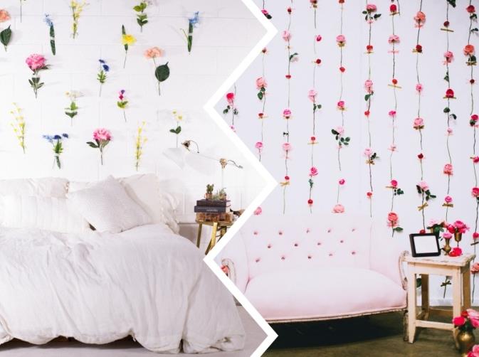 diy çiçekli çelenklerle genç odası dekorasyon fikri, arkası düğmeli pastel pembe kanepe modeli