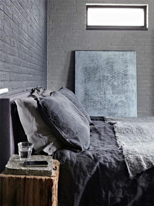 posteljnina-posteljnina-surovina-postelja-stranska miza-opečna stena