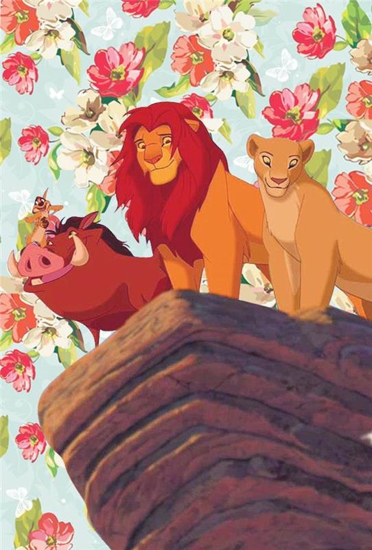 aslan kral karakterleri, bir kayanın tepesinde duran, arka planda çiçekler, güzel iphone duvar kağıdı