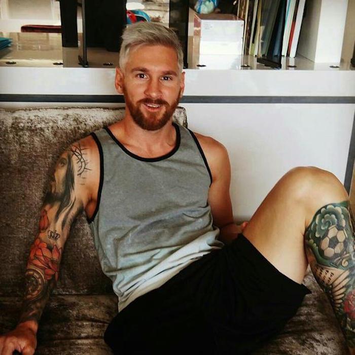 lionel messi z blond blond moškim in rdečo brado